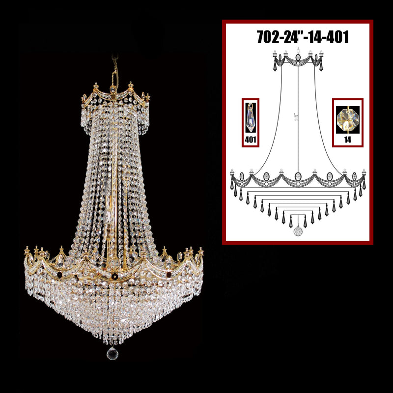 702 Crystal Pendant Light 24" 15 Light - Asfour Crystal 14mm Beads & Prismas - Chandelier [702-24"-14-401]