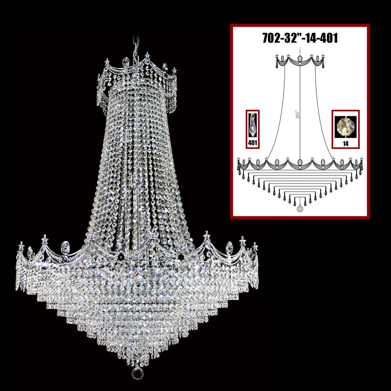 702 Crystal Pendant Light 32" 24 Light - Asfour Crystal 14mm Beads & Prismas - Chandelier [702-32"-14-401]